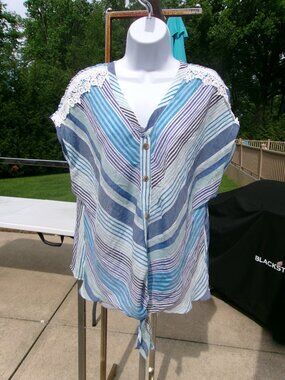 NWT PALM RIO BLUE STRIPED TOP 1X